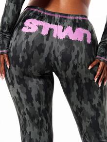 SUMWON WOMEN Camouflage Flare Pants With Pink Contrast Stitching And Logo Bum Print Mid Rise Full Length Bell Hem Stretch Fit - Army Green - View 5