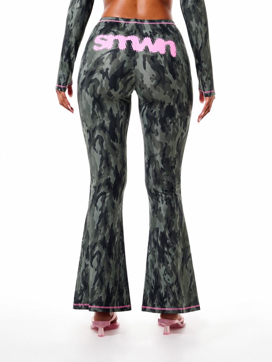 SUMWON WOMEN Camouflage Flare Pants With Pink Contrast Stitching And Logo Bum Print Mid Rise Full Length Bell Hem Stretch Fit - Army Green - View 1