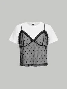 SHEIN MOD 黑色波點網格拼接白色 2 合 1 T恤 日常約會 夏季 Y2K 萬聖節 返校季 - 黑與白 - 查看 4