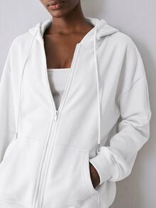 YARNWELL Women's New Autumn/Winter Long Sleeve Loose Fit Hooded Sweatshirt With Pockets, Fashionable Versatile Elegant Casual Drawstring Open Front Zipper - White - View 7