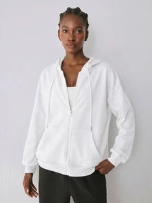 YARNWELL Women's New Autumn/Winter Long Sleeve Loose Fit Hooded Sweatshirt With Pockets, Fashionable Versatile Elegant Casual Drawstring Open Front Zipper - White - View 6
