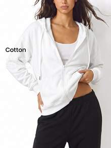 YARNWELL Women's New Autumn/Winter Long Sleeve Loose Fit Hooded Sweatshirt With Pockets, Fashionable Versatile Elegant Casual Drawstring Open Front Zipper - White - View 2