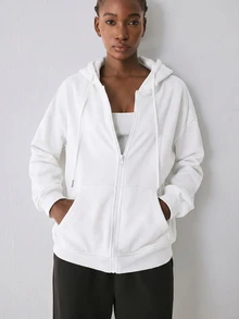 YARNWELL Women's New Autumn/Winter Long Sleeve Loose Fit Hooded Sweatshirt With Pockets, Fashionable Versatile Elegant Casual Drawstring Open Front Zipper - White - View 8