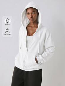 YARNWELL Women's New Autumn/Winter Long Sleeve Loose Fit Hooded Sweatshirt With Pockets, Fashionable Versatile Elegant Casual Drawstring Open Front Zipper - White - View 4