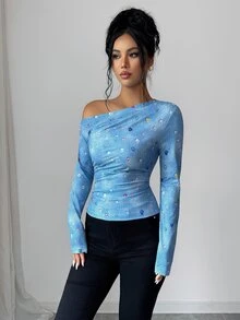 Elenzga 春季秋季初秋日常休閒度假派對亮麗彩色鑽石3D立體印花不對稱抓皺修身長袖優雅女款時尚藍色寶石印花T恤 - 藍色 - 查看 7