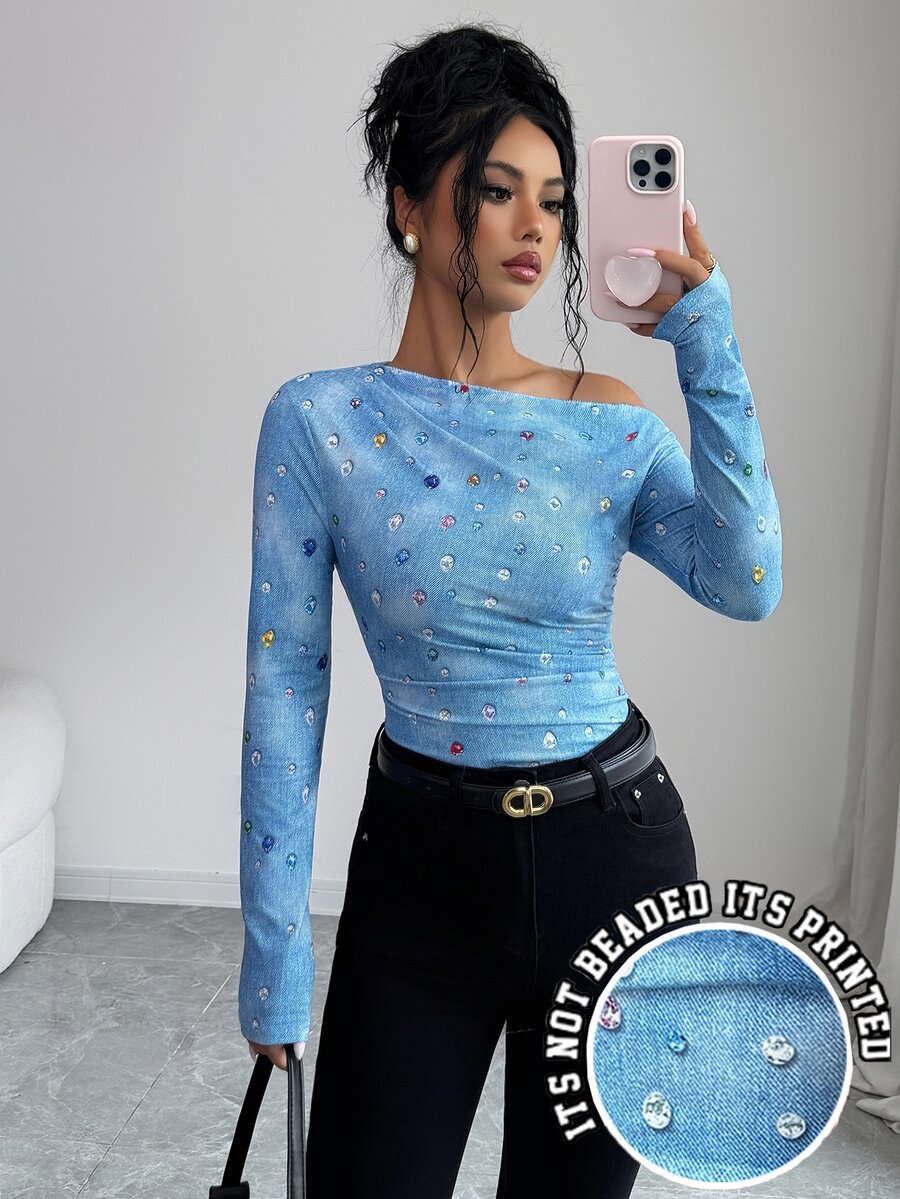 Elenzga 春季秋季初秋日常休閒度假派對亮麗彩色鑽石3D立體印花不對稱抓皺修身長袖優雅女款時尚藍色寶石印花T恤 - 藍色 - 查看 1