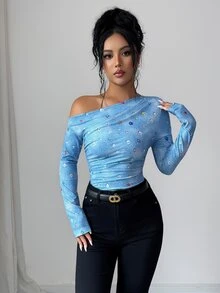 Elenzga 春季秋季初秋日常休閒度假派對亮麗彩色鑽石3D立體印花不對稱抓皺修身長袖優雅女款時尚藍色寶石印花T恤 - 藍色 - 查看 5