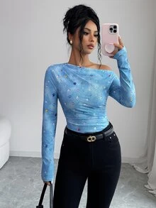 Elenzga 春季秋季初秋日常休閒度假派對亮麗彩色鑽石3D立體印花不對稱抓皺修身長袖優雅女款時尚藍色寶石印花T恤 - 藍色 - 查看 6