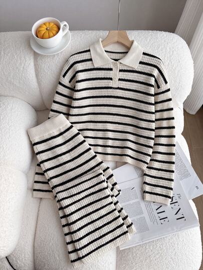 Elladie kids 2pcs/Set Spring/Autumn Girls Black & White Korean Style Striped Polo Knit Outfit, Girls Turn Collar Long Sleeve Wide Leg Pants Two Pieces Set, Girls Casual Wear For Outings, Shopping, Sports, Vacation, Photography And Daily Activities