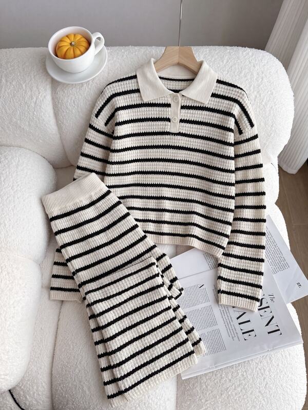 Elladie kids 2 piezas/Set Conjunto de punto estilo coreano a rayas blanco y negro para niñas en primavera/otoño, conjunto de dos piezas con pantalones de pierna ancha y manga larga con cuello vuelto para niñas, ropa casual para niñas para salidas, compras, deportes, vacaciones, fotografía y actividades diarias