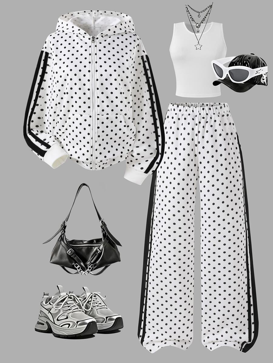 SHEIN 青少年女孩秋季上衣 秋季服飾 返校季 3件套 黑白波點拉鍊連帽外套 白色背心 鬆緊腰直筒長褲 - 黑與白 - 查看 1