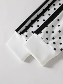 SHEIN 青少年女孩秋季上衣 秋季服飾 返校季 3件套 黑白波點拉鍊連帽外套 白色背心 鬆緊腰直筒長褲 - 黑與白 - 查看 4