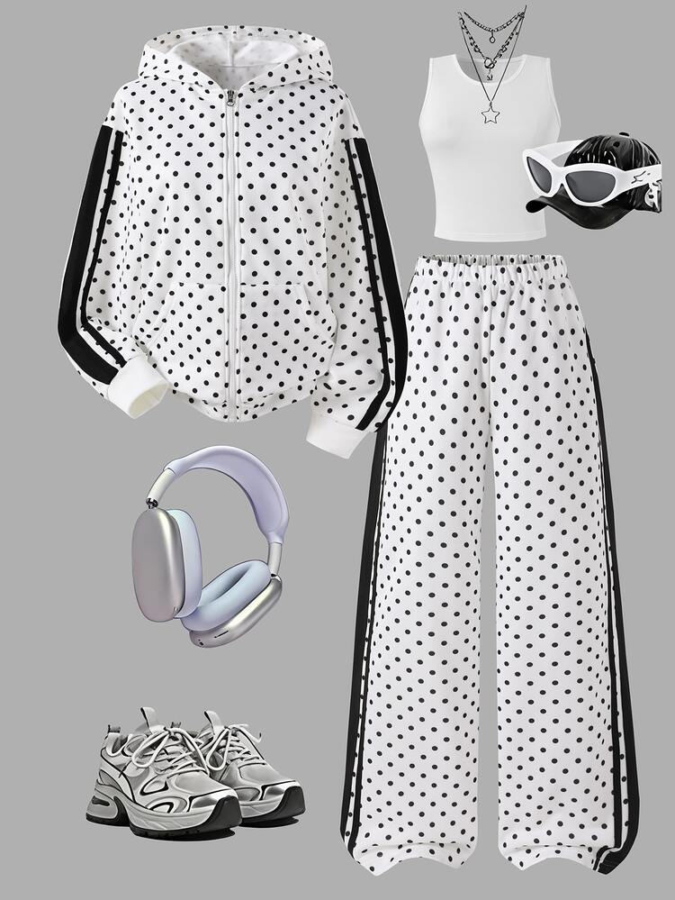 SHEIN Teen Girls Fall Tops Fall Clothes Back To School 3 Pieces Sets Black White Polka Dot Zip Hoodie White Tank Elastic Waist Straight Pants - Black and White - View 6