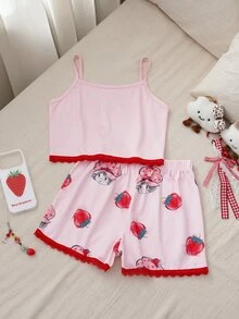 Strawberry Shortcake X SHEIN 2pcs Tween Girl Casual Cute Camisole Top And Shorts Pajama Set, Comfortable And Skin-Friendly - Pink - View 2