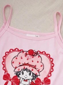 Strawberry Shortcake X SHEIN 2pcs Tween Girl Casual Cute Camisole Top And Shorts Pajama Set, Comfortable And Skin-Friendly - Pink - View 3