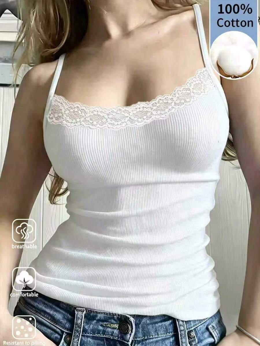 SHEIN 女款夏季素色百搭對比蕾絲貼身細肩帶背心 - 白色 - 查看 1