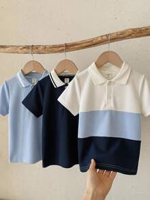 SHEIN 兒童小男孩 3件組純色針織短袖上衣，休閒舒適 - 藍色 - 查看 8