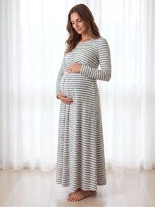 Slowluna 女款條紋拼色百褶哺乳休閒日常洋裝內衣套裝內褲睡衣睡裙家居服睡袍長袖 - 灰色 - 查看 2