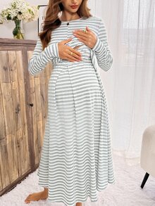 Slowluna 女款條紋拼色百褶哺乳休閒日常洋裝內衣套裝內褲睡衣睡裙家居服睡袍長袖 - 灰色 - 查看 6