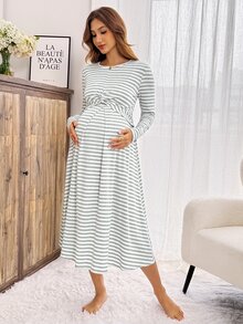 Slowluna 女款條紋拼色百褶哺乳休閒日常洋裝內衣套裝內褲睡衣睡裙家居服睡袍長袖 - 灰色 - 查看 7