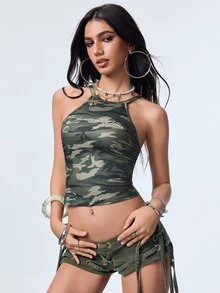 Y2Kool 軍綠迷彩標語文字 Y2K 龐克辣妹休閒街頭風女款掛脖修身背心，適合春夏派對、度假海島旅行、音樂節、電子音樂節、日常穿著 - 軍綠色 - 查看 3