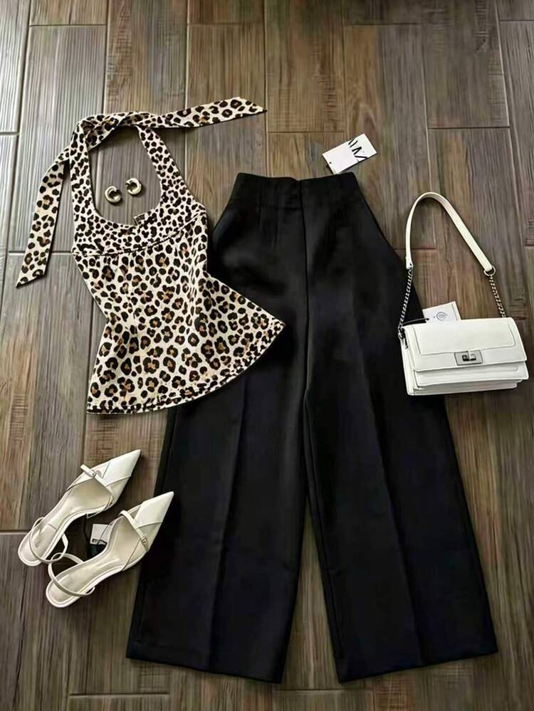 Franclia Women's Leopard Print Halter Tank Top And Wide Leg Pants Fashion 2 Pieces Set - Multicolor - View 2