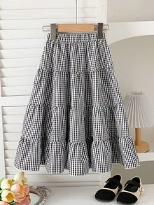 SHEIN Genkimix Kids 女童黑白格紋A字裙，校園風 - 黑與白 - 查看 10