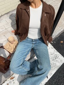 Siren Gaze 2025秋冬女装仿麂皮领夹克，宽松版型，优雅 - 棕色 - 查看 5