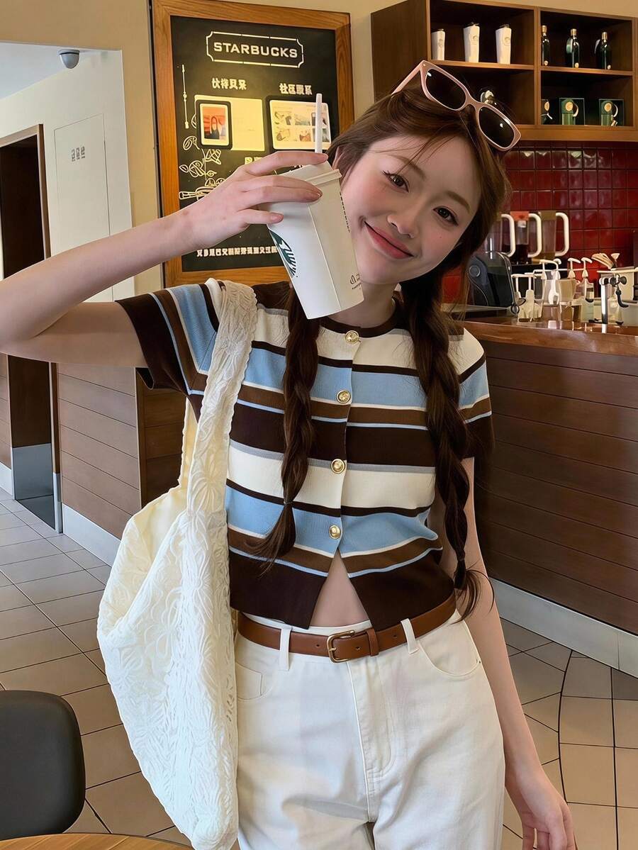 Serisse Women's Brown Striped Knit Short Sleeve Crew Neck Cardigan,Summer Classy Preppy Style Top,Paris Brunch American Campus Loose Casual Spring Top