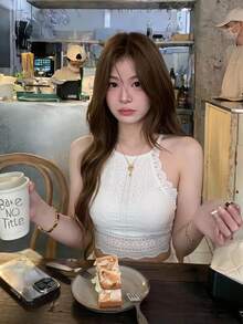 Serisse Ladies' Lace Splice Halter Off Shoulder Top Neck Tank Top White Summer Casual - White - View 1