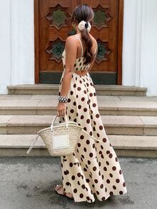 Serisse Women's Vintage Polka Dot Spaghetti Strap Dress,Summer Brown And Cream Elegant Square Neck Sleeveless A-Line Midi Slip Sun Dress For Holiday,Tea Party - Light Yellow - View 3