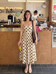 Serisse Women's Vintage Polka Dot Spaghetti Strap Dress,Summer Brown And Cream Elegant Square Neck Sleeveless A-Line Midi Slip Sun Dress For Holiday,Tea Party - Light Yellow - View 2