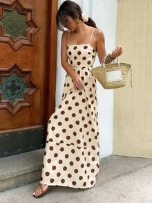 Serisse Women's Vintage Polka Dot Spaghetti Strap Dress,Summer Brown And Cream Elegant Square Neck Sleeveless A-Line Midi Slip Sun Dress For Holiday,Tea Party - Light Yellow - View 6
