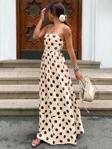 Serisse Women's Vintage Polka Dot Spaghetti Strap Dress,Summer Brown And Cream Elegant Square Neck Sleeveless A-Line Midi Slip Sun Dress For Holiday,Tea Party - Light Yellow - View 4