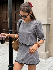 Serisse 女士格子短袖衬衫和迷你裙休闲两件套 - 黑色 - 查看 5