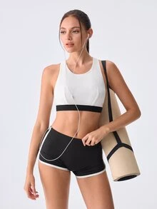 Loungeista 1pc Women's Solid Color Racerback Silver Ribbon Comfortable Sports Bra - White - View 1
