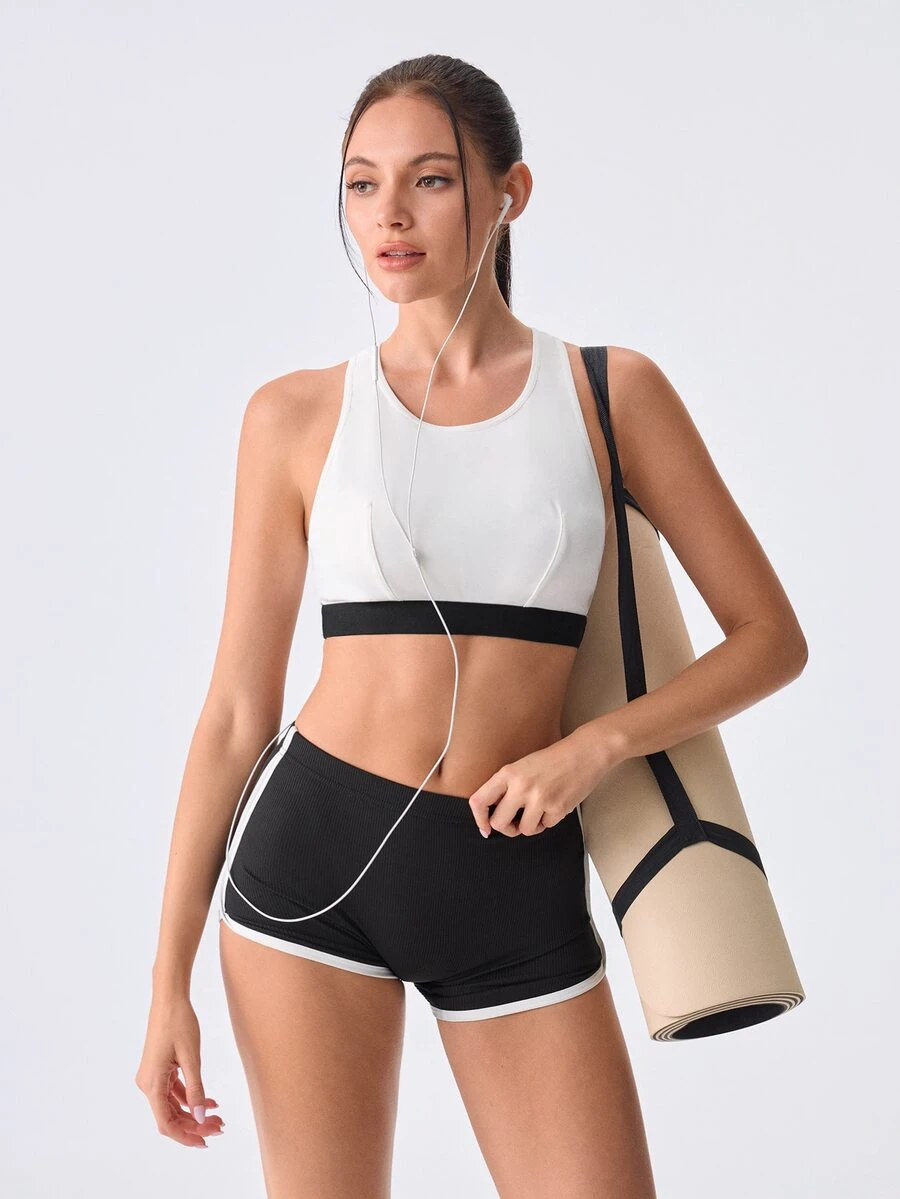 Loungeista 1pc Women's Solid Color Racerback Silver Ribbon Comfortable Sports Bra - White - View 1