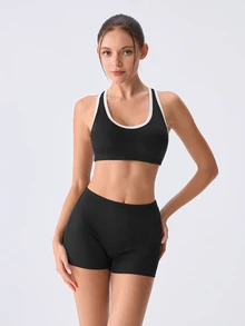 Loungeista 1 Set Women's Solid Color Racerback Sports Bra Set - Black - View 3