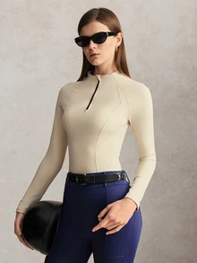 Activina 女款米色長袖半拉鍊撞色套頭馬術上衣 T-shirt - 米色 - 查看 8