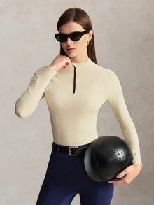 Activina 女款米色長袖半拉鍊撞色套頭馬術上衣 T-shirt - 米色 - 查看 6