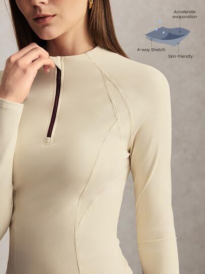 Activina Women's Beige Long Sleeve Half-Zip Contrast Color Pullover Equestrian Top T-Shirt Yoga Fitness Outdoor Lifestyle Casual
