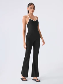 Loungeista 1pc Women's Solid Color Comfortable Backless Jumpsuit Loungewear - Black - View 5