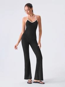 Loungeista 1pc Women's Solid Color Comfortable Backless Jumpsuit Loungewear - Black - View 4