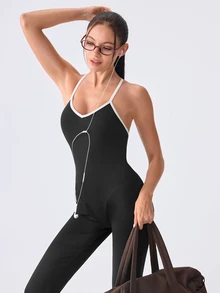 Loungeista 1pc Women's Solid Color Comfortable Backless Jumpsuit Loungewear - Black - View 7