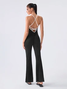 Loungeista 1pc Women's Solid Color Comfortable Backless Jumpsuit Loungewear - Black - View 2