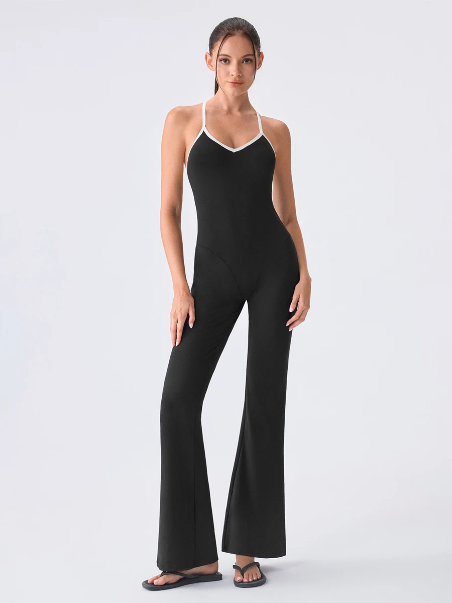 Loungeista 1pc Women's Solid Color Comfortable Backless Jumpsuit Loungewear - Black - View 1