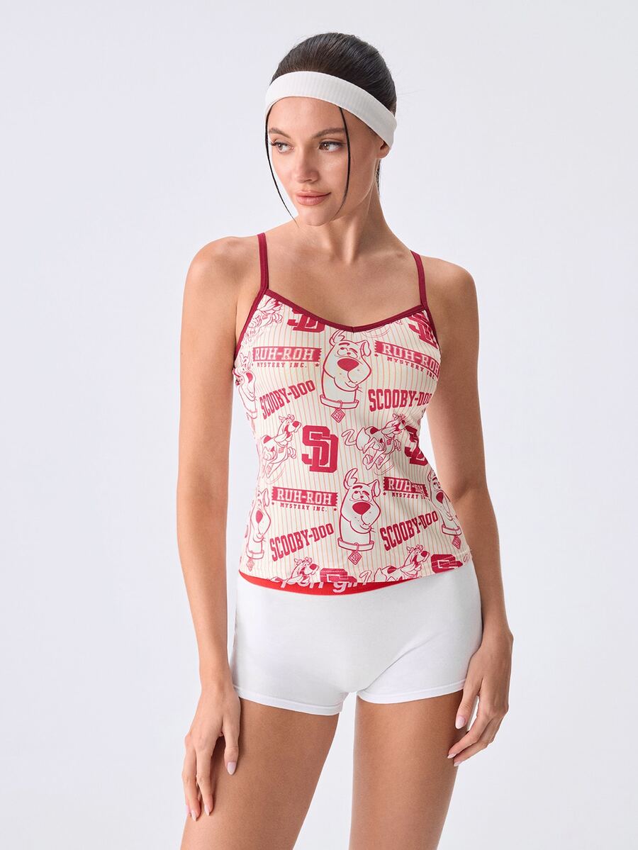 Loungeista Women's Cartoon Print Color‑Block Trim Cami Top, American Retro Stripes, V‑Neck Sleeveless Tank Top, Suitable For Outerwear & Loungewear With Comfortable Fit - Multicolor - View 1