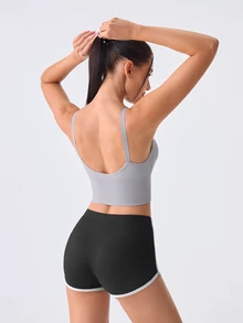 Loungeista 1pc Solid Color Women's Sports Bra, Removable Padding Fitness Yoga Backless Comfortable Sports Underwear - Grey - View 2