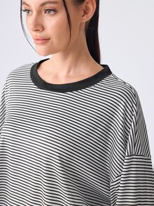 Loungeista 新款條紋寬鬆女款居家服套裝，慵懶長袖寬腿褲休閒兩件套，適合戶外穿著 - 黑色 - 查看 7