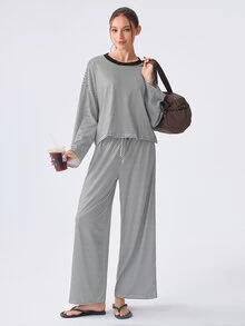 Loungeista 新款條紋寬鬆女款居家服套裝，慵懶長袖寬腿褲休閒兩件套，適合戶外穿著 - 黑色 - 查看 1